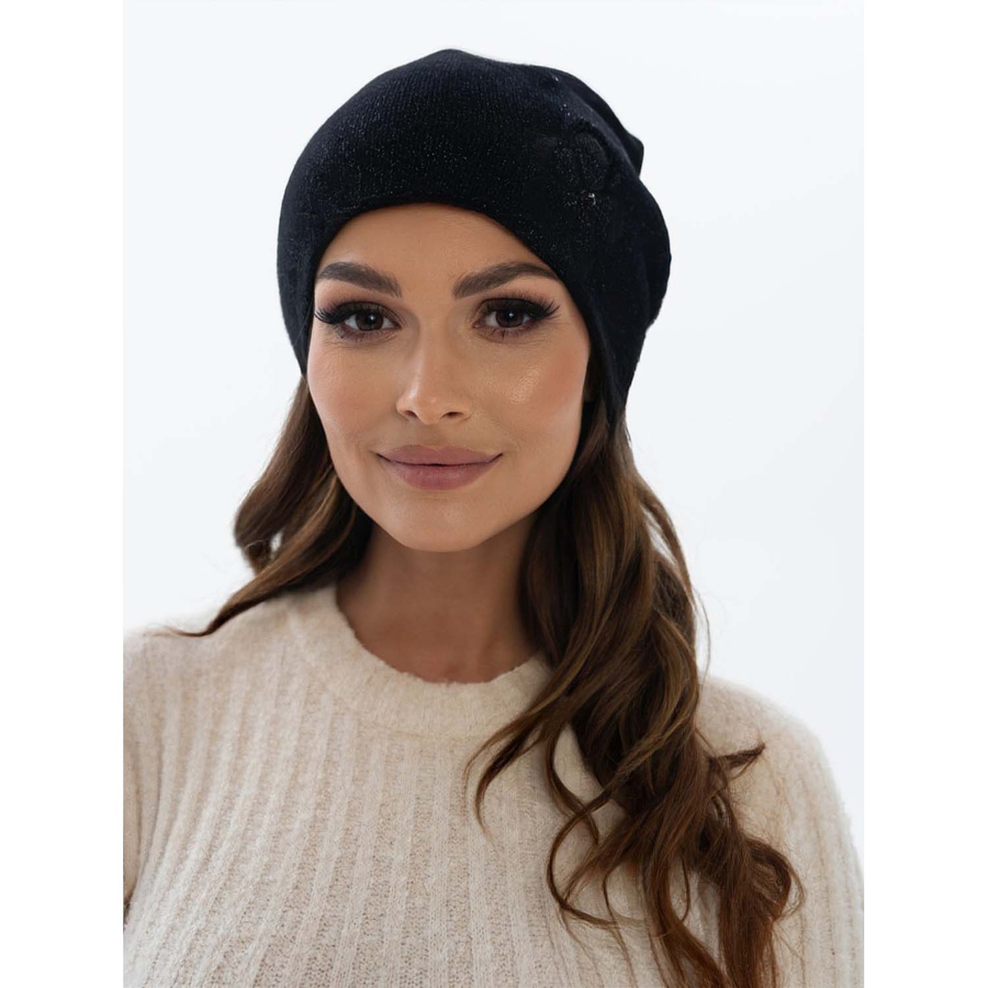 Czapka damska z haftem i kryształkami, czarna - Peterson