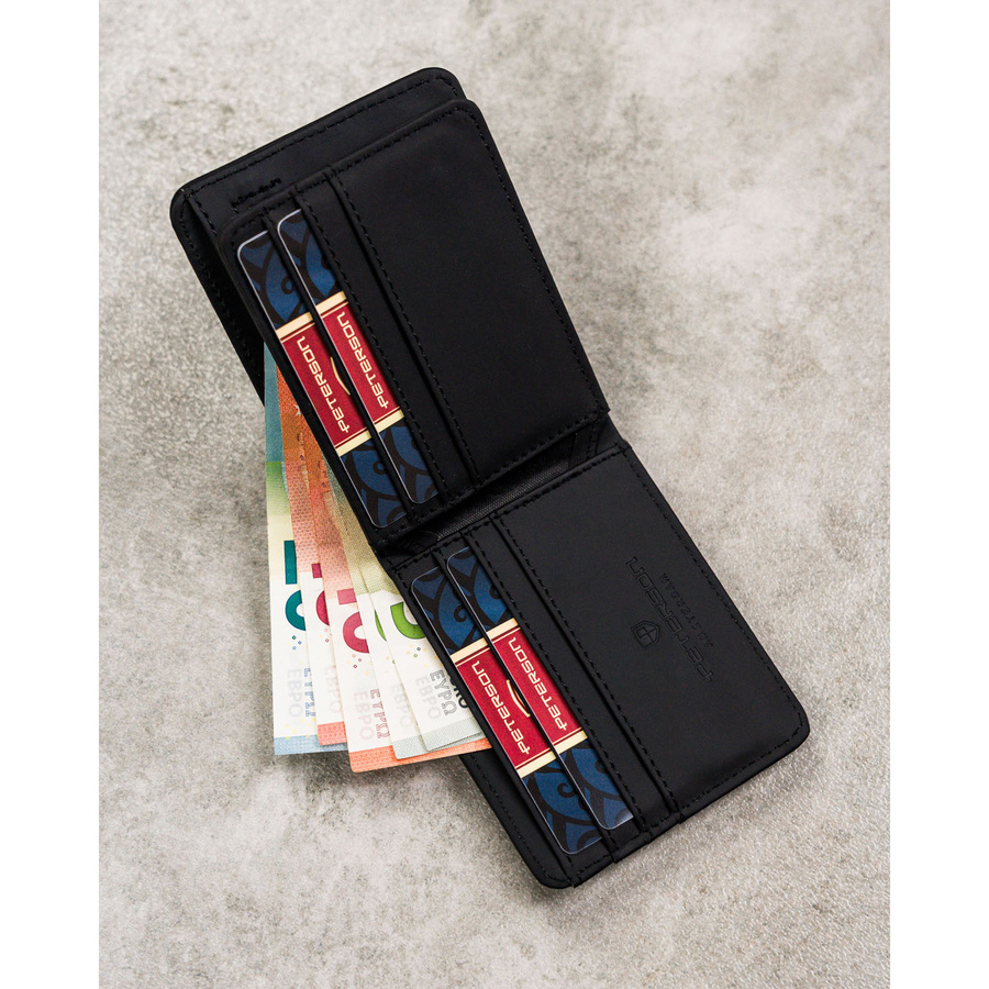 Czarny portfel męski z modnym, geometrycznym wzorem, bez zapięcia zewnętrznego - Peterson