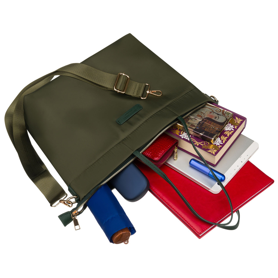 Zielona shopperka damska z nylonu, jednokomorowa z doczepianym, regulowanym paskiem - Peterson