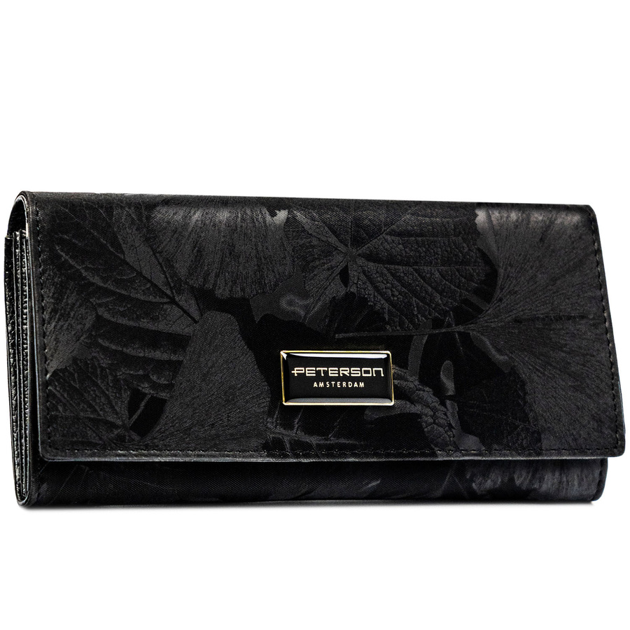 Duży portfel damski ze skóry naturalnej i ekologicznej w czarnym kolorze, zamykany zatrzaskiem - Peterson