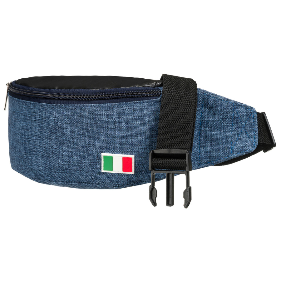 Niebieska saszetka zawieszona na regulowanym pasku, zapinana suwakiem