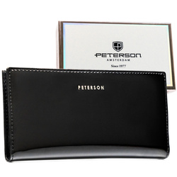 Duży portfel damski ze skóry ekologicznej w czarnym kolorze zamykany suwakiem i zatrzaskiem - Peterson