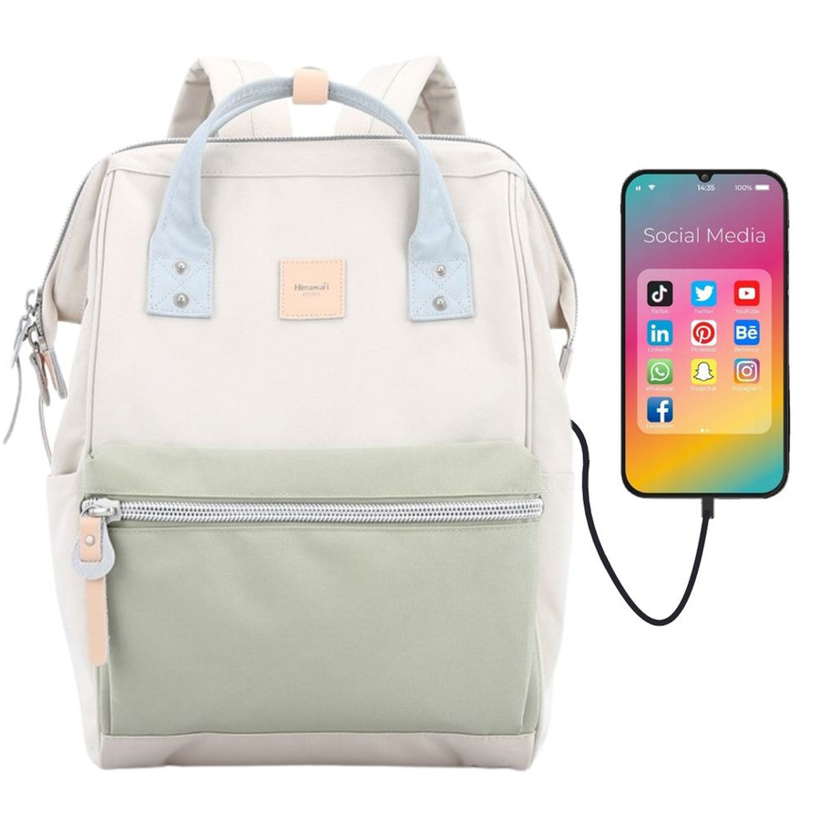 Beżowo-zielony plecak szkolny z USB - Himawari