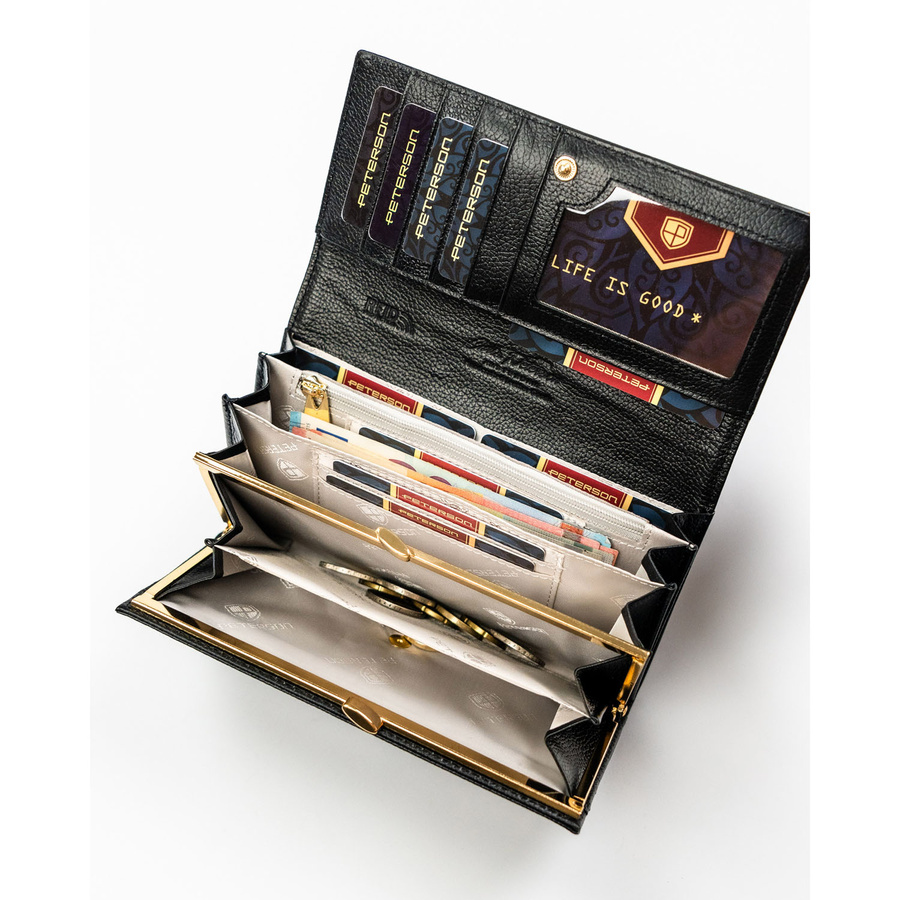 Duży portfel damski ze skóry naturalnej i ekologicznej w czarnym kolorze, zamykany zatrzaskiem - Peterson