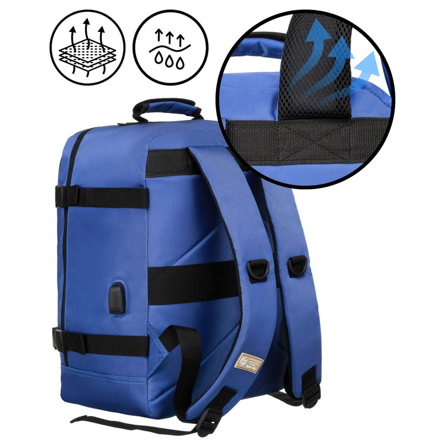 Podróżny plecak z wodoodpornego poliestru w niebieskim kolorze zawieszony na regulowanych szelkach - Peterson