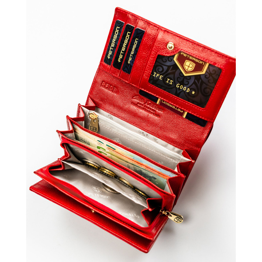 Czerwony, duży portfel damski ze skóry naturalnej i ekologicznej zamykany na zatrzask - Peterson