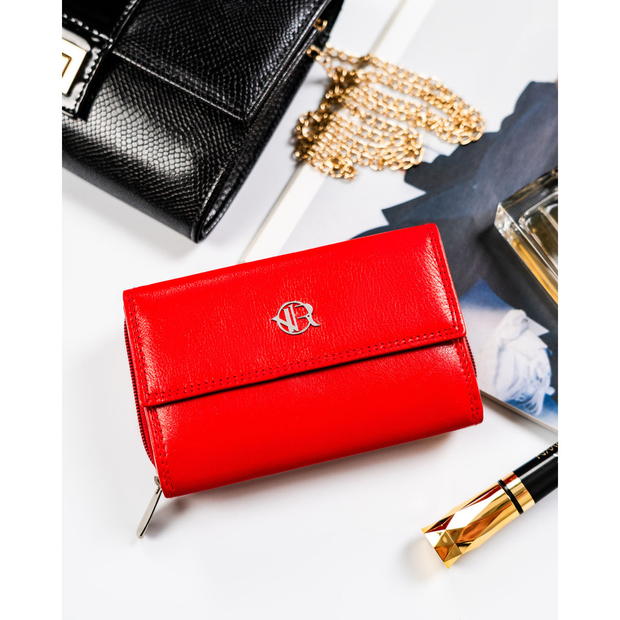 Czerwony, skórzany portfel damski na zatrzask z systemem RFID - Rovicky