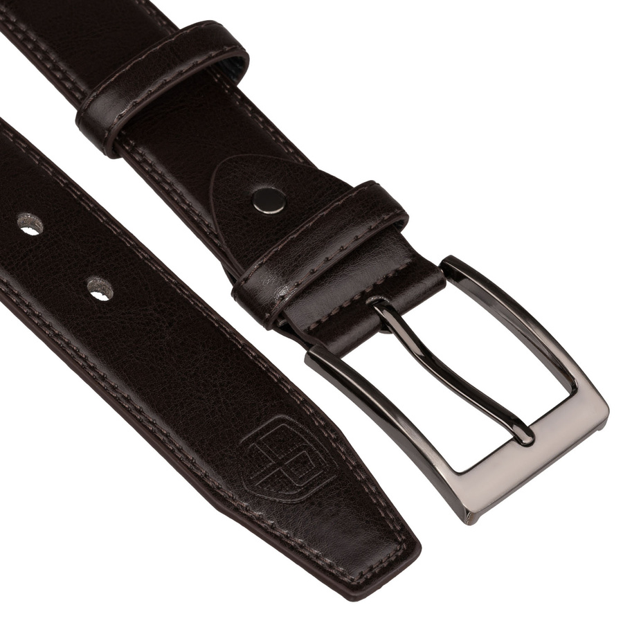 Brązowy, męski pasek ze skóry ekologicznej z tradycyjną klamrą - Peterson