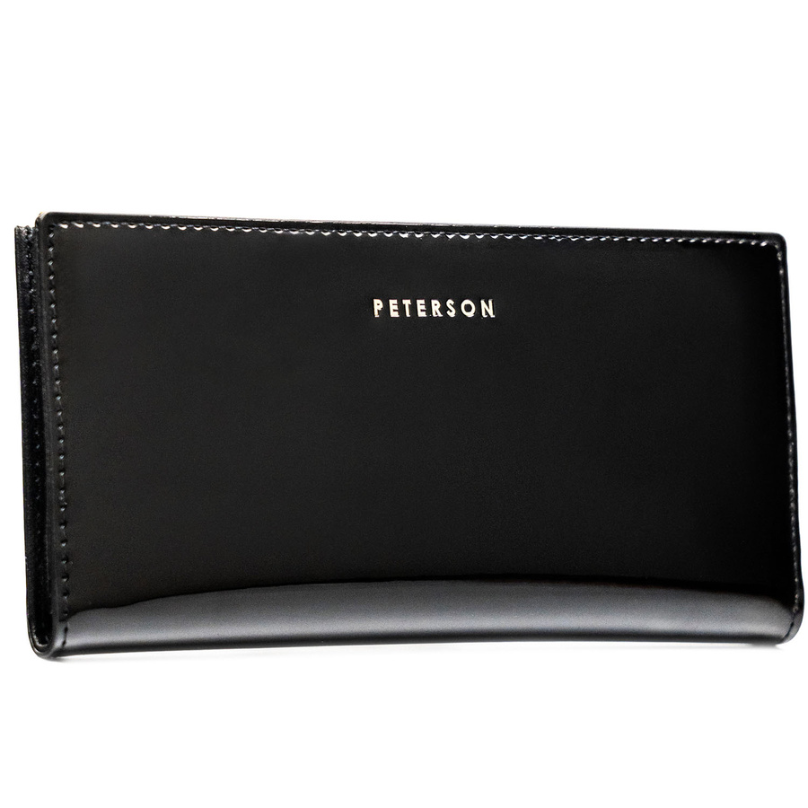 Duży portfel damski ze skóry ekologicznej w czarnym kolorze zamykany suwakiem i zatrzaskiem - Peterson