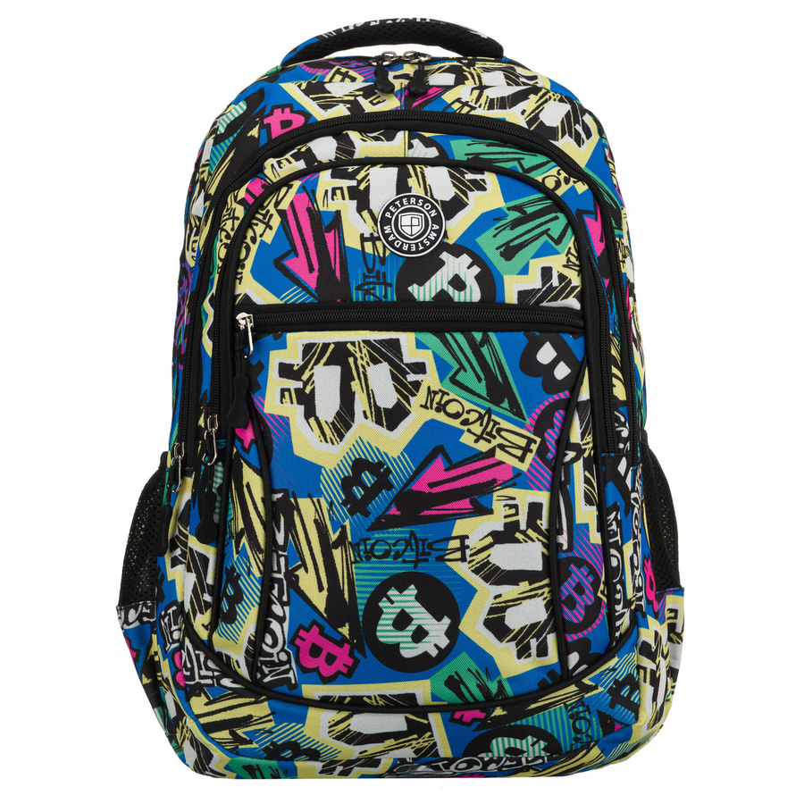 Plecak młodzieżowy do szkoły odszyty z poliestru ze wzorem imitującym graffiti, zawieszony na regulowanych szelkach - Peterson