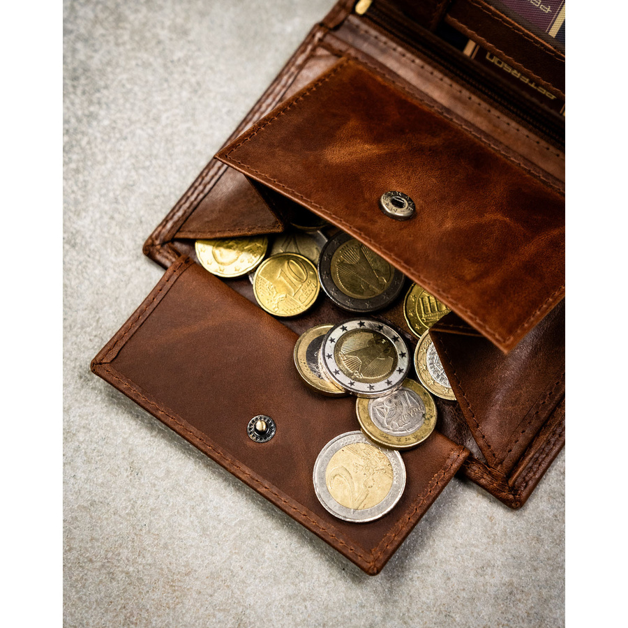 Pionowy, skórzany portfel męski w brązowym kolorze bez zapięcia zewnętrznego - Peterson