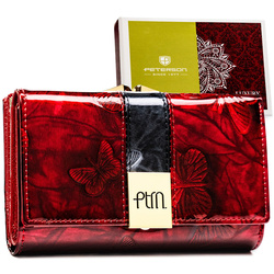 Portfel damski ze skóry naturalnej w czerwonym kolorze, zamykany biglem i zatrzaskiem - Peterson