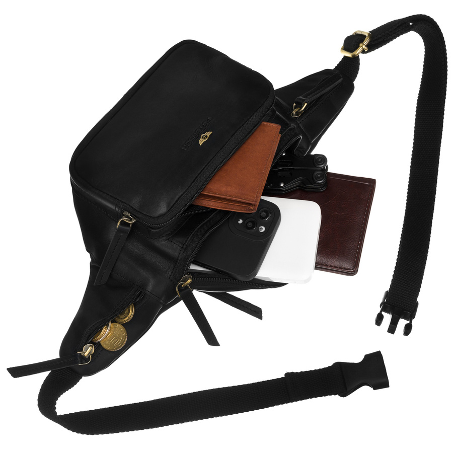 Skórzana, czarna nerka męska z kieszeniami i etui na klucze - Peterson