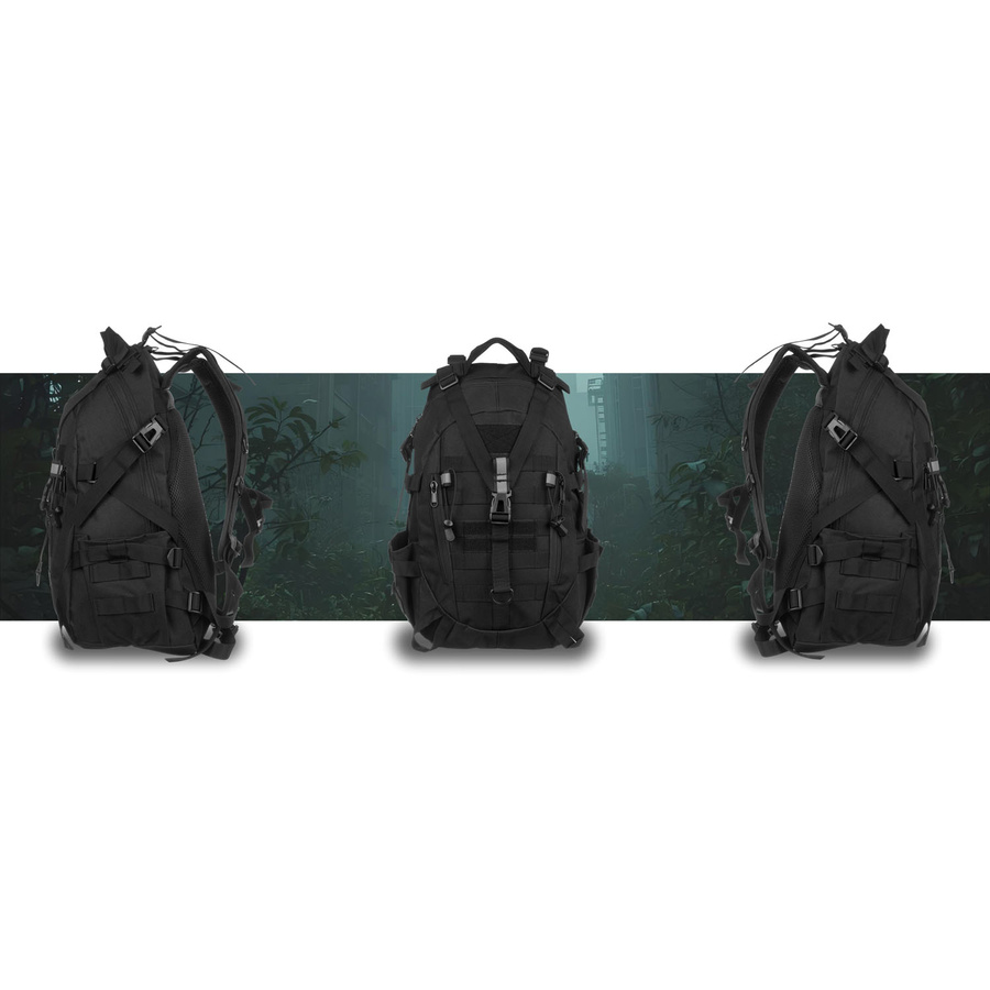 Sportowy plecak militarny w czarnym kolorze zawieszony na regulowanych szelkach - Peterson