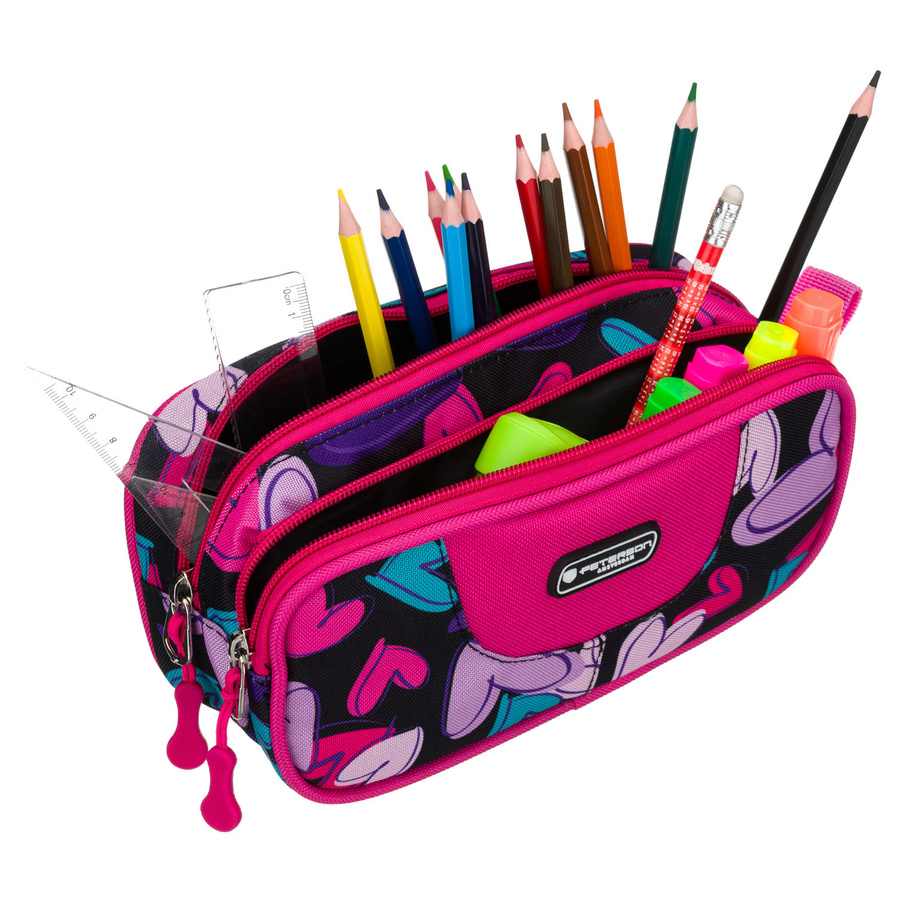 Wielokolorowy piórnik szkolny z poliestru w serduszka, zamykany suwakami - Peterson