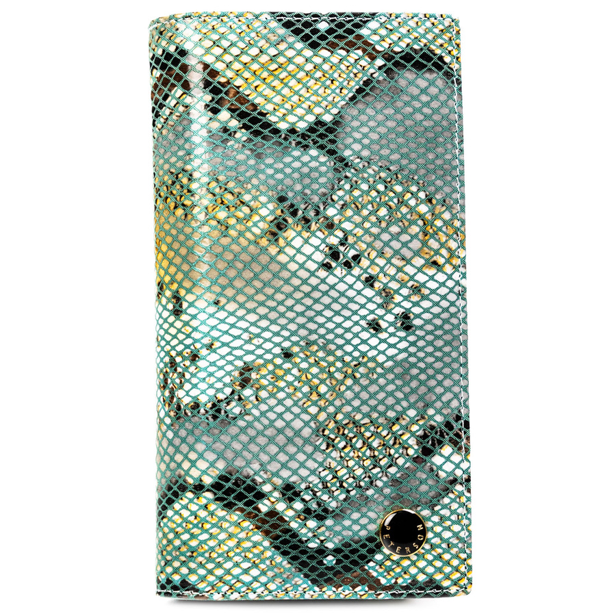 Skórzany, pionowy portfel damski na magnes z fakturą imitującą skórę węża - Peterson