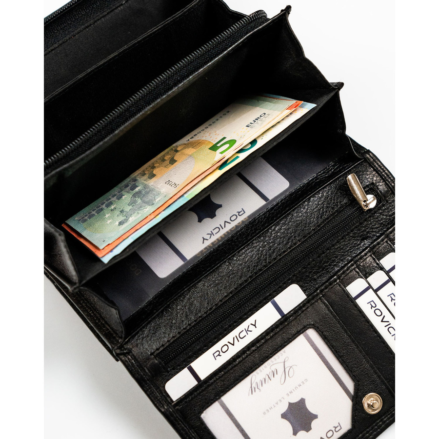 Czarny, skórzany portfel damski z systemem RFID - Rovicky