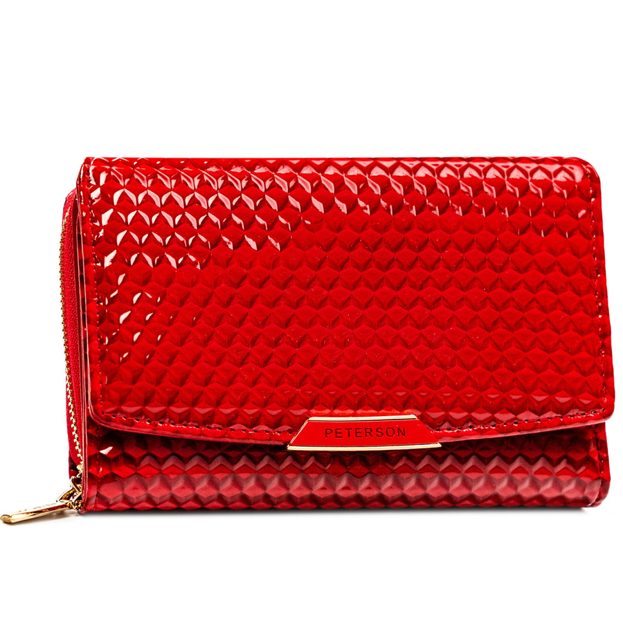 Czerwony, poziomy portfel damski ze skóry ekologicznej zamykany suwakiem i zatrzaskiem - Peterson