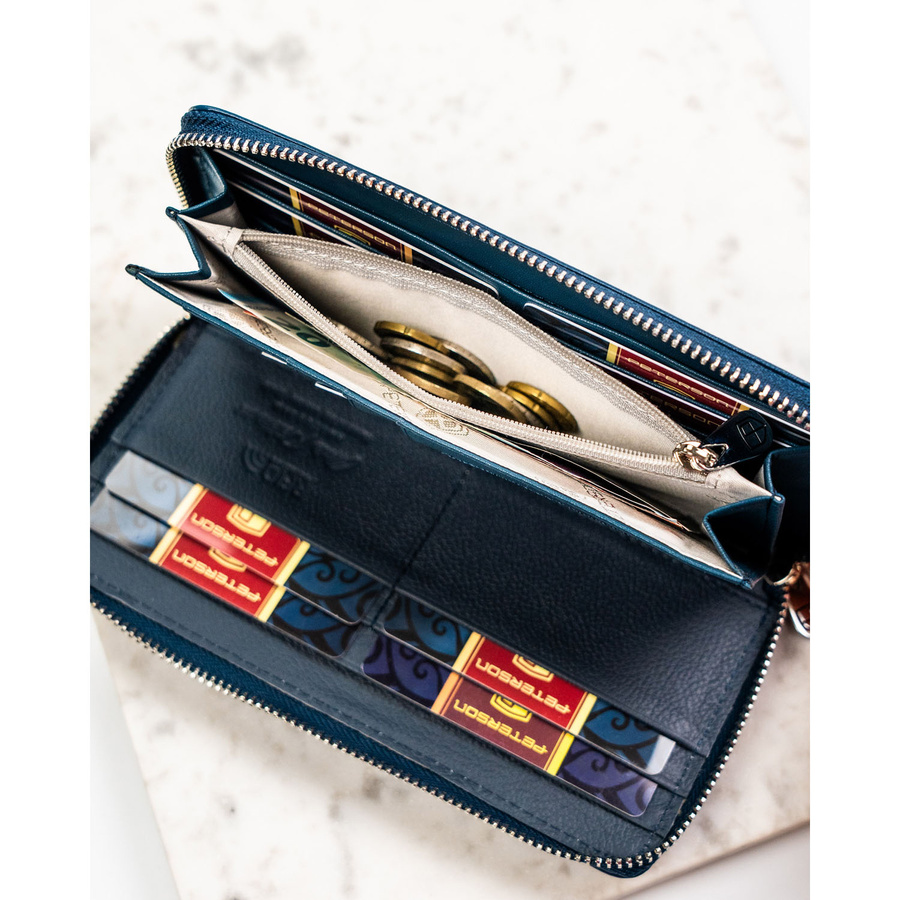 Portfel-piórnik damski ze skóry naturalnej i ekologicznej w granatowym kolorze zamykany na suwak - Peterson
