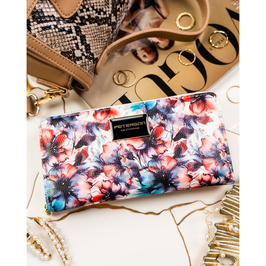 Portfel-piórnik damski w kwiaty wykonany ze skóry naturalnej i ekologicznej zamykany suwakiem - Peterson