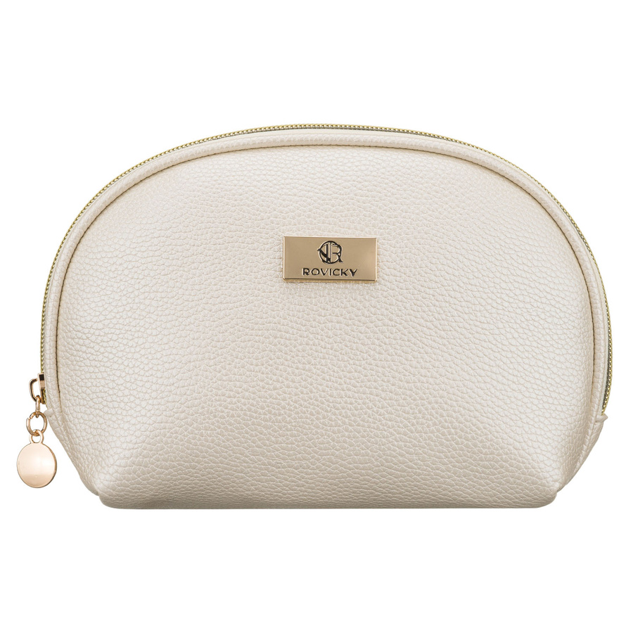 Beżowa kosmetyczka ze skóry ekologicznej, jednokomorowa i zamykana suwakiem - Rovicky