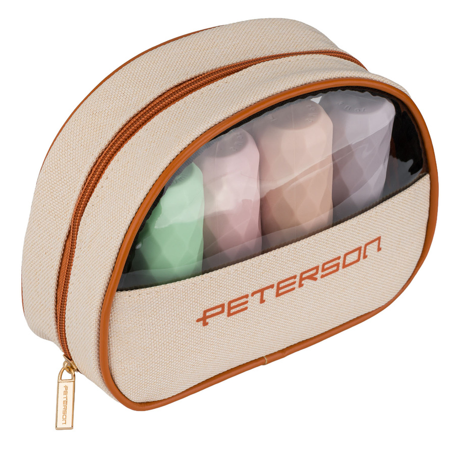 Beżowo-brązowa kosmetyczka z tkaniny syntetycznej z przezroczystym panelem, zamykana suwakiem - Peterson