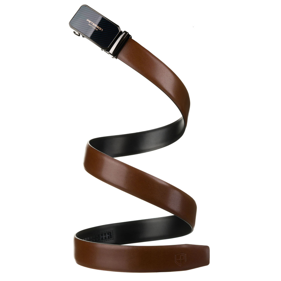 Skórzany pasek męski w brązowym kolorze z automatyczną, srebrną klamrą - Peterson