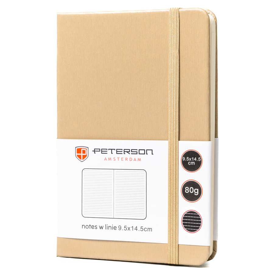 Beżowy notes w formacie A6 zadrukowany w linie, wyposażony w gumkę zamykającą - Peterson