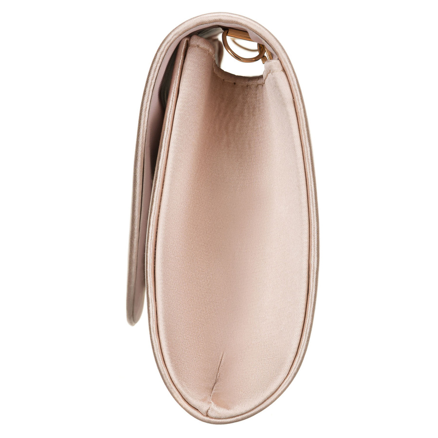 Elegancka kopertówka damska w beżowym kolorze wykonana z tkaniny syntetycznej i zawieszona na łańcuszku - Rovicky