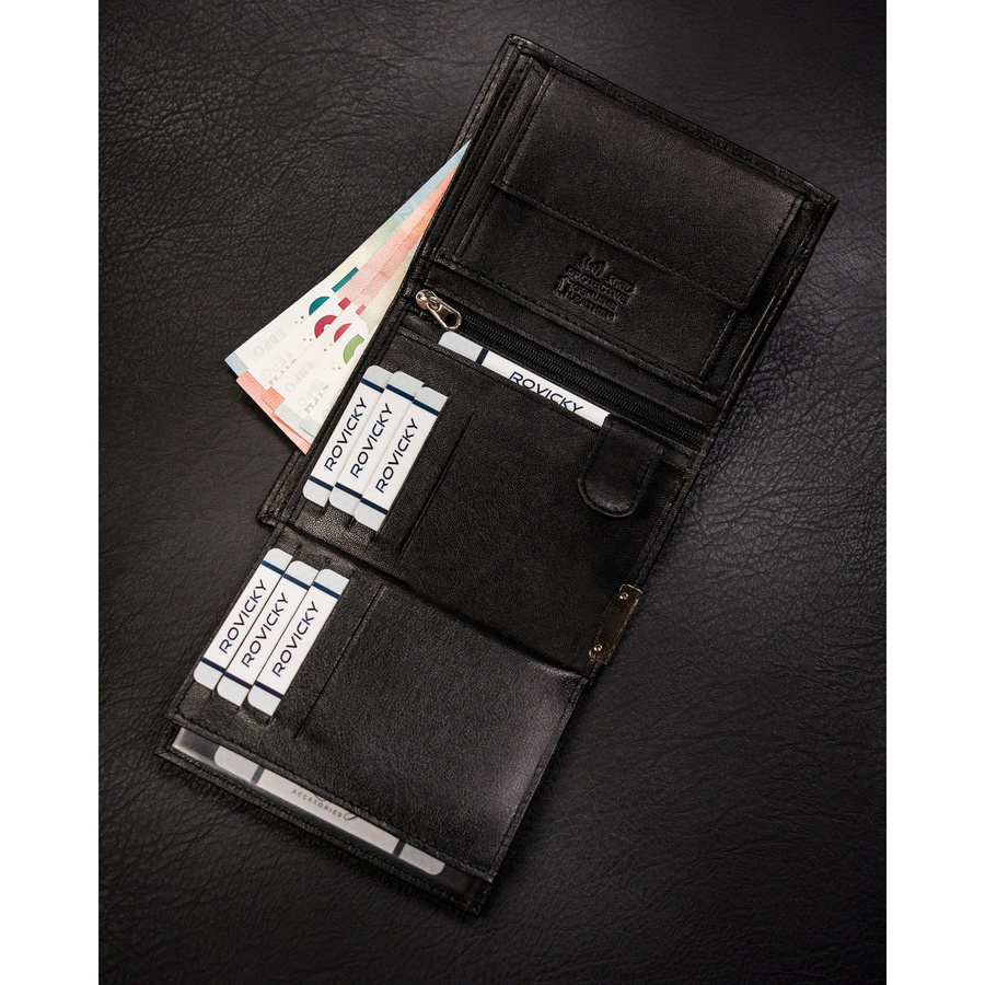 Klasyczny, pionowy portfel męski ze skóry naturalnej w czarnym kolorze - 4U Cavaldi