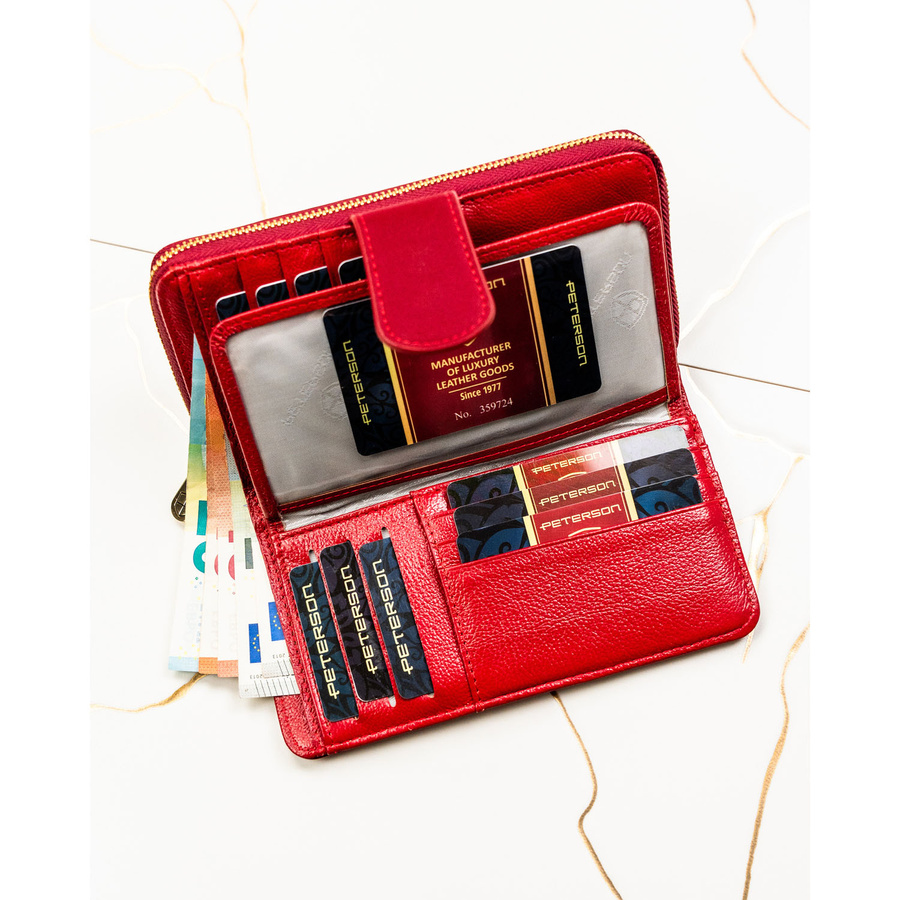 Pionowy, czerwony portfel damski ze skóry naturalnej i ekologicznej - Peterson