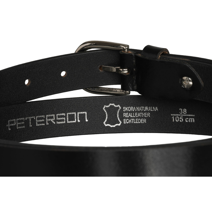 Czarny pasek damski ze skóry naturalnej ze srebrną, klasyczną klamrą - Peterson