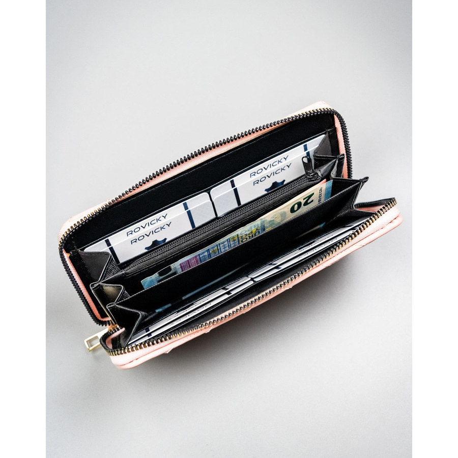 Różowy, duży portfel damski ze skóry ekologicznej w jodełkę zamykany suwakiem - 4U Cavaldi