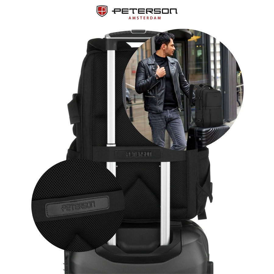 Plecak podróżny z poliestru w czarnym kolorze z miejscem na laptopa - Peterson