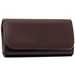 Brązowy, duży portfel damski ze skóry ekologicznej z kieszonką zewnętrzną, zamykany na zatrzask - 4U Cavaldi
