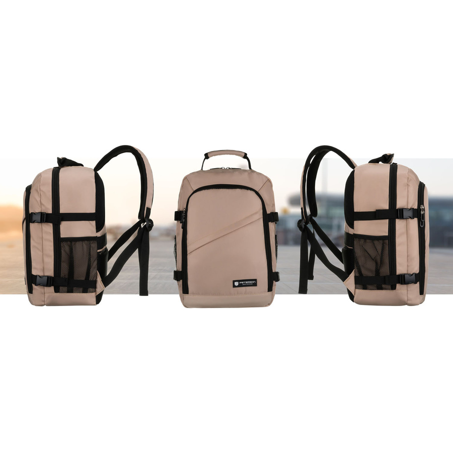 Beżowy plecak podróżny z poliestru zawieszony na regulowanych szelkach - Peterson