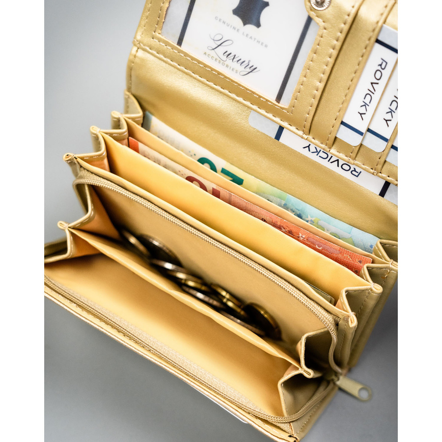 Duży portfel damski ze skóry ekologicznej w złotym kolorze, zamykany zatrzaskiem - 4U Cavaldi