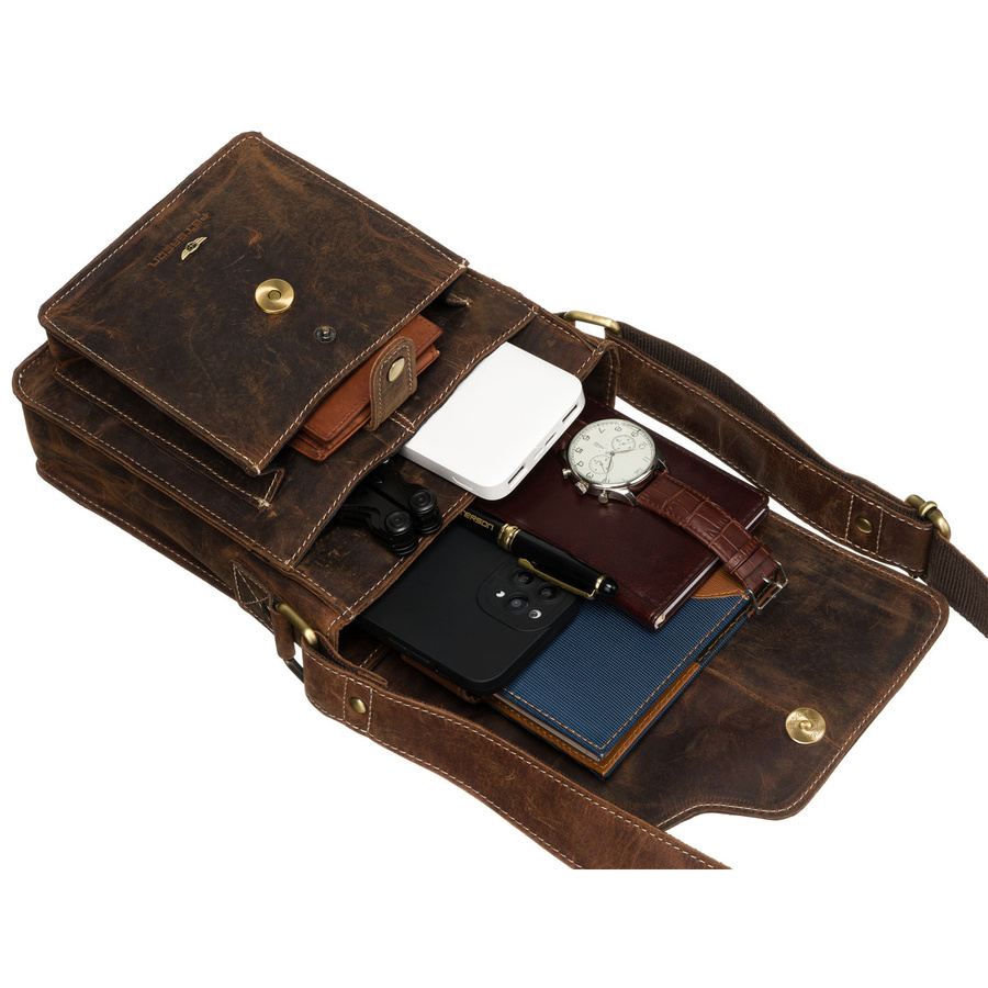 Skórzana listonoszka męska w brązowym kolorze ze złotymi okuciami - Peterson