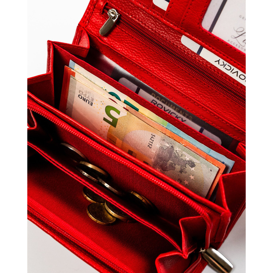 Duży skórzany portfel damski w czerwonym kolorze z wewnętrzną kieszonką na suwak - Rovicky