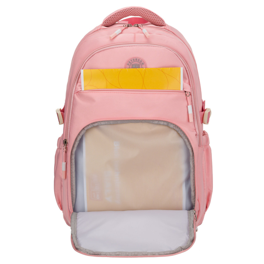 Modny plecak szkolny z poliestru w różowym kolorze, zawieszony na regulowanych szelkach - Peterson