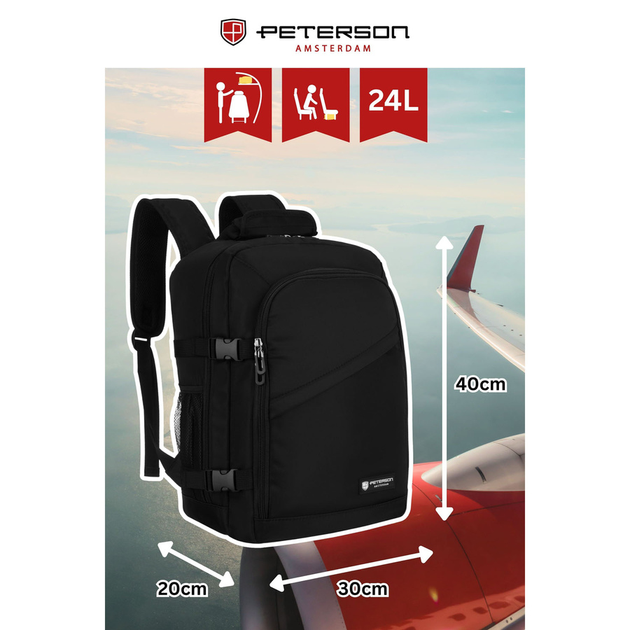 Plecak podróżny z poliestru w czarnym kolorze, idealny na bagaż podręczny - Peterson