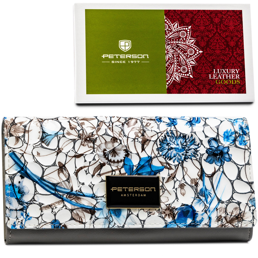 Poziomy portfel damski w kwiatowy wzór z wewnętrzną kieszonką na suwak - Peterson