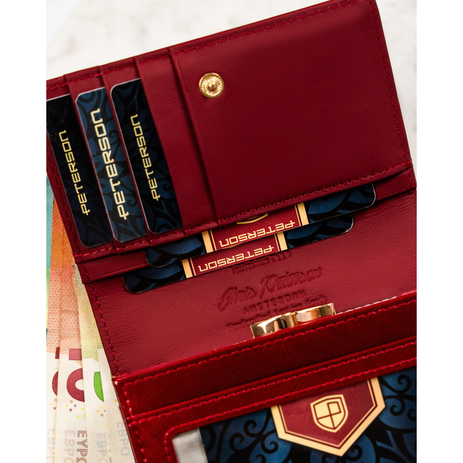 Skórzany damski portfel czerwony z zamknięciem na zatrzask - Peterson