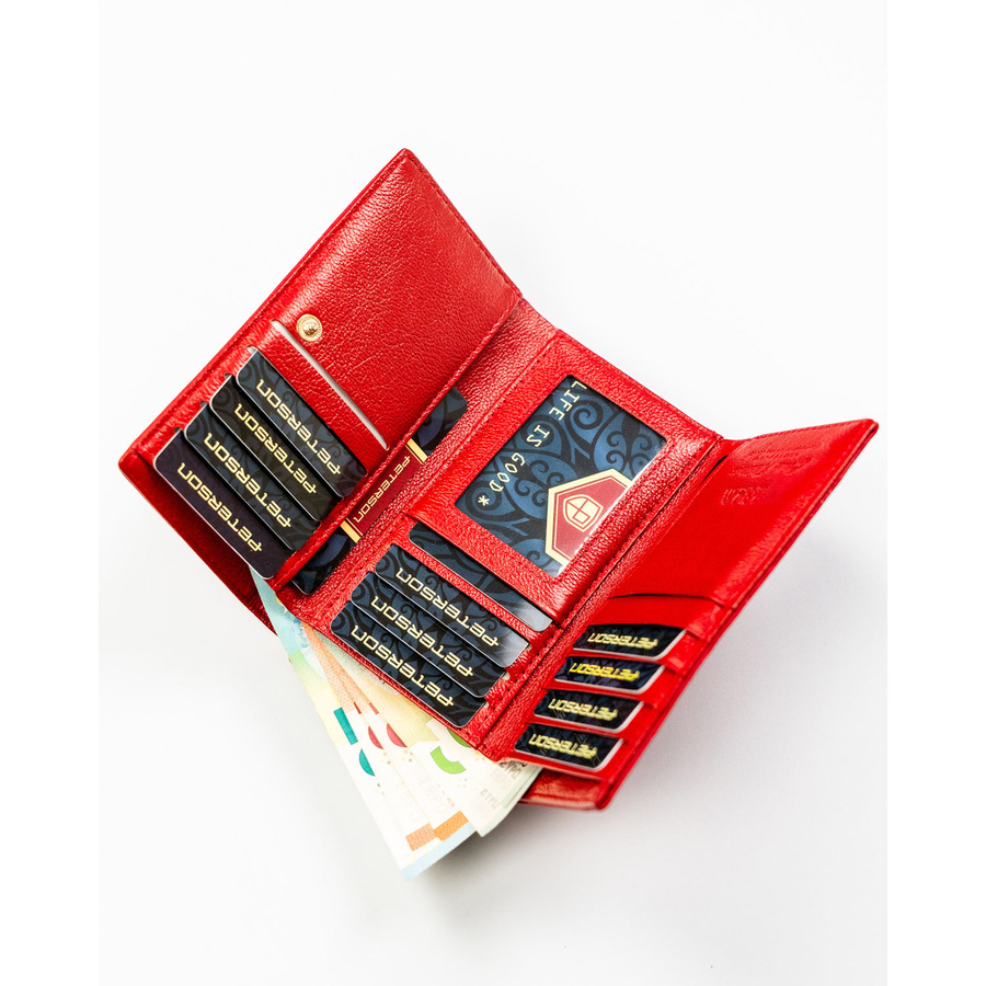 Poziomy, czerwony portfel damski ze skóry naturalnej i ekologicznej w roślinny wzór - Peterson