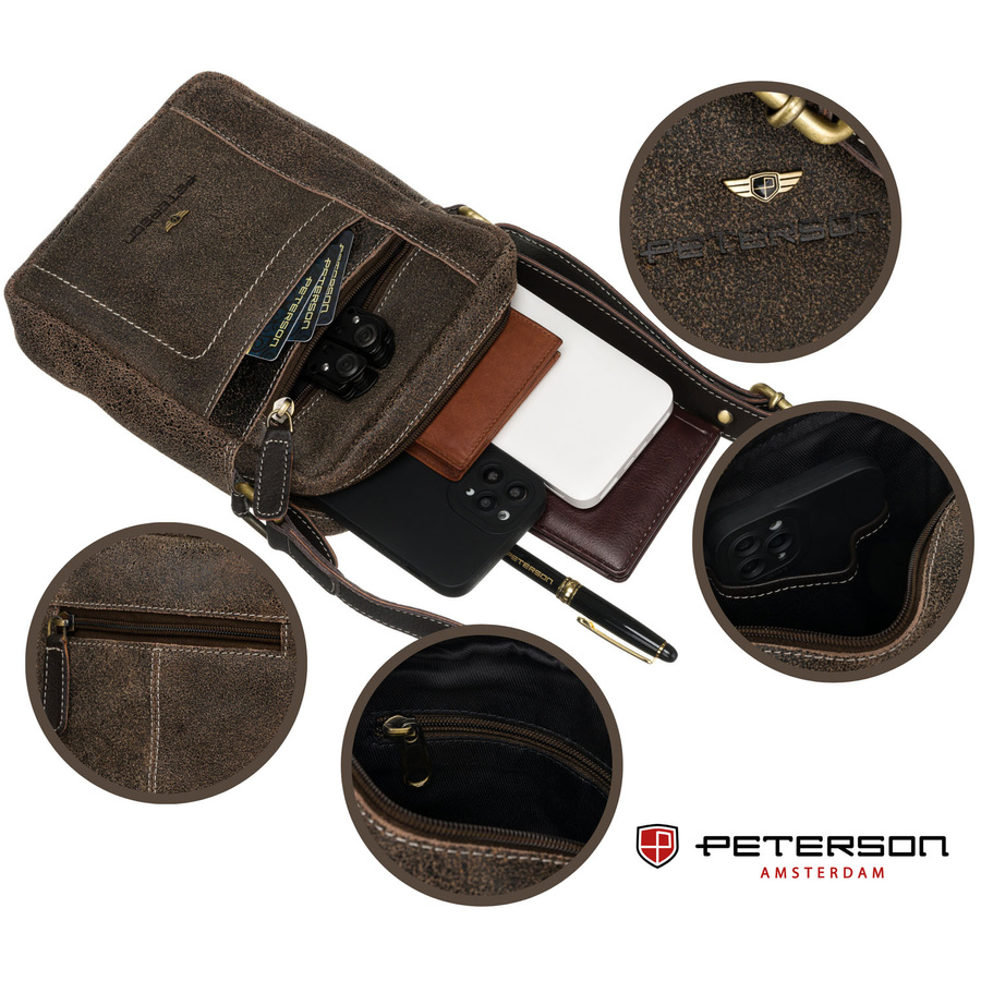 Praktyczna listonoszka męska ze skóry naturalnej w brązowym kolorze - Peterson