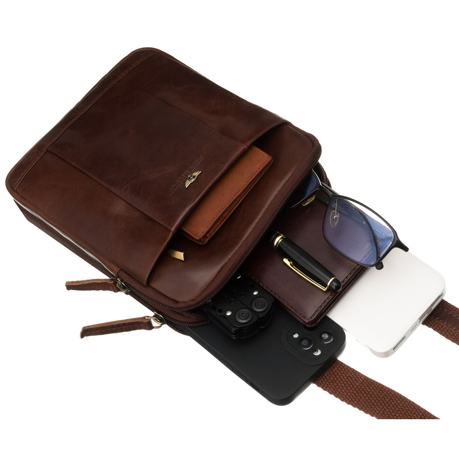 Dwukomorowa, brązowa listonoszka męska ze skóry naturalnej - Peterson