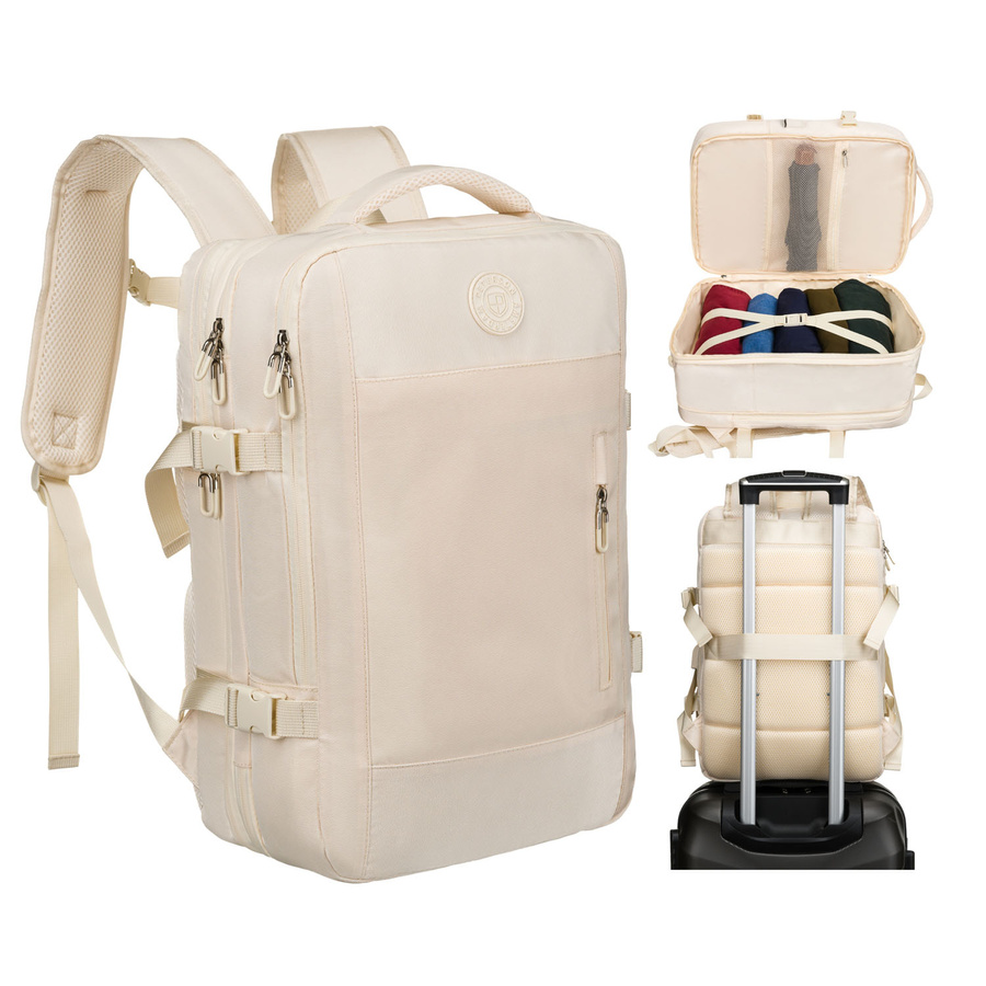 Praktyczny plecak podróżny w kolorze ecru, wyposażony w siatkowaną przegrodę i paski kompresyjne - Peterson