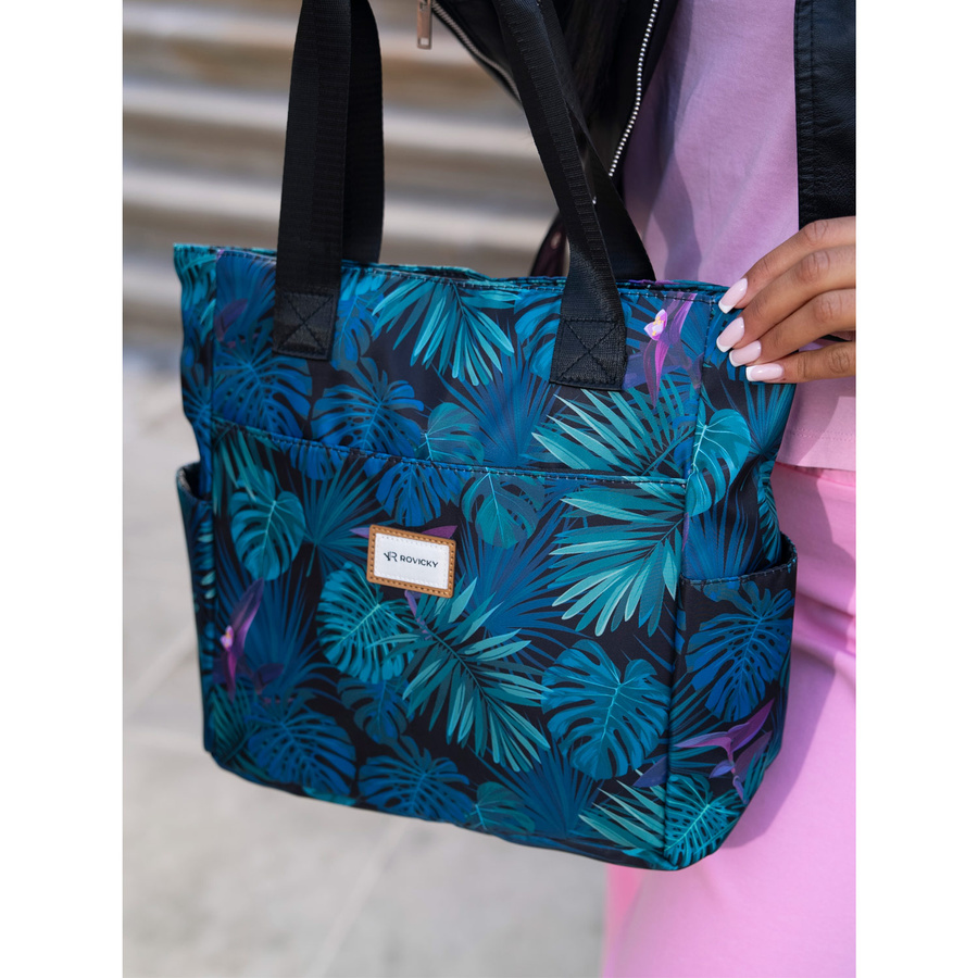 Pojemna torba na ramię shopper z tropikalnym wzorem liści - Rovicky