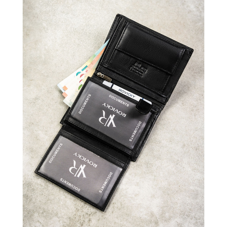 Duży portfel męski ze skóry naturalnej w czarnym kolorze, mieszczący dowód rejestracyjny - Rovicky