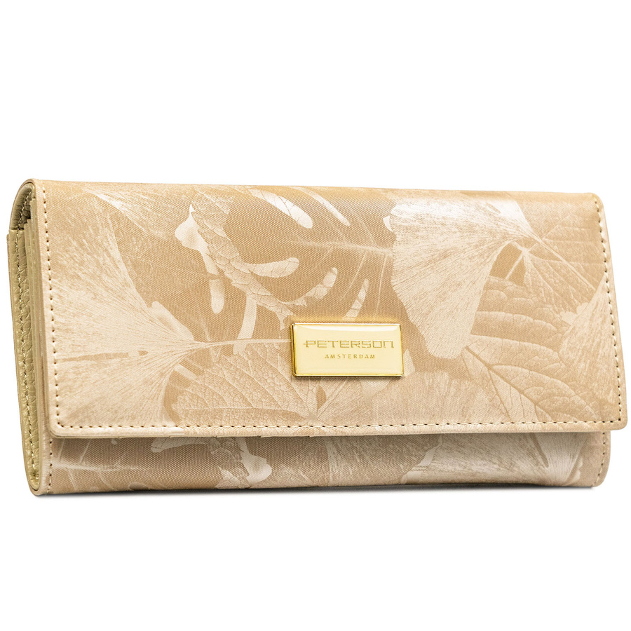 Beżowy portfel damski ze skóry naturalnej i ekologicznej w roślinny wzór - Peterson